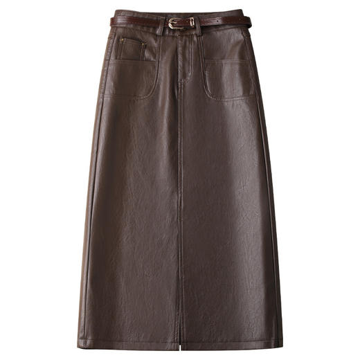 丁摩 中长款开叉半身皮裙女秋冬季新款高腰a字显瘦包臀一步直筒长裙子5ZF-8862 商品图4