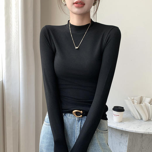 【买1送1 半高领打底衫女】秋冬季加绒加厚内搭高级感修身磨毛白色长袖上衣 商品图3