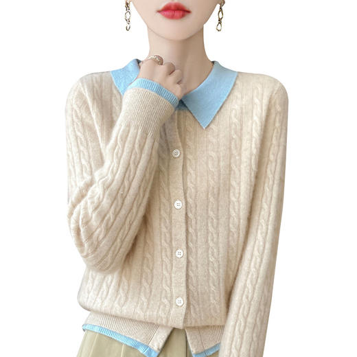 丁摩 撞色POLO领羊毛针织开衫女刺绣扭花宽松大码Polo领长袖毛衣外套5ZF-D409 商品图4