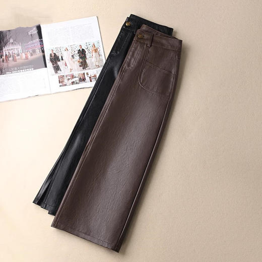 丁摩 中长款开叉半身皮裙女秋冬季新款高腰a字显瘦包臀一步直筒长裙子5ZF-8862 商品图3