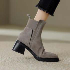 丁摩 春秋里外全皮木纹粗跟方头后拉链短筒切尔西靴羊翻皮韩版复古中跟短靴5ZF-11228