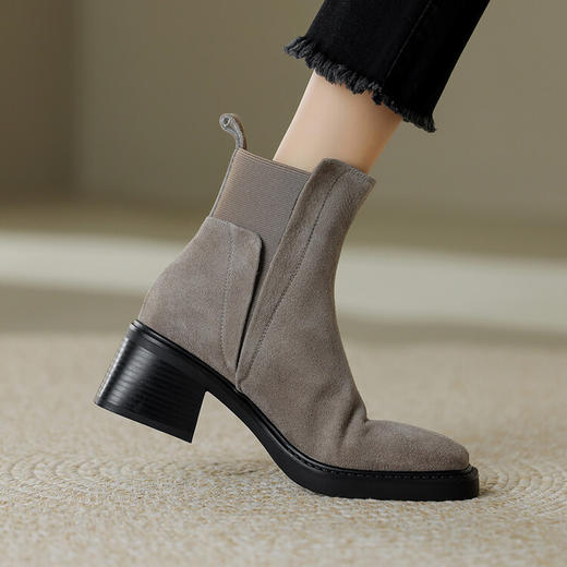 丁摩 春秋里外全皮木纹粗跟方头后拉链短筒切尔西靴羊翻皮韩版复古中跟短靴5ZF-11228 商品图0
