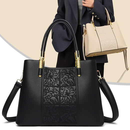 丁摩 高级感刺绣国风真皮女包新款中年女包妈妈包大容量手提斜挎包5ZF-Y855 商品图1