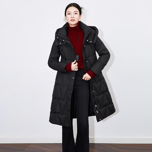 丁摩 简约连帽收腰系带御寒保暖长款90白鸭绒羽绒服外套气质女 5ZF-2432508 商品图2