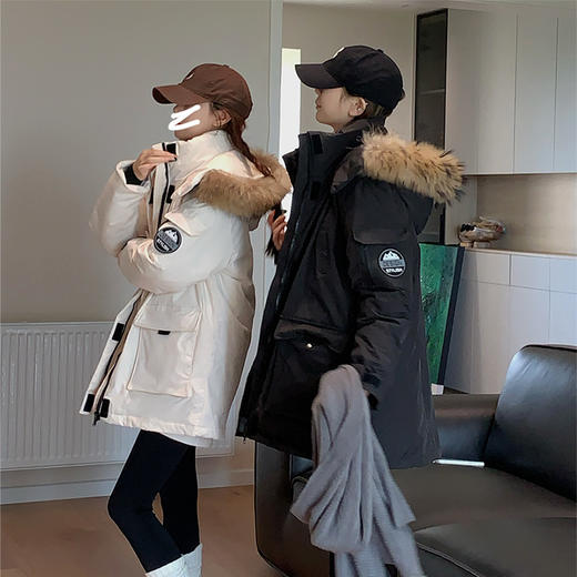 【女冬季加厚美式高级感棉衣中长款保暖外套】大毛领工装派克羽绒棉服 商品图3