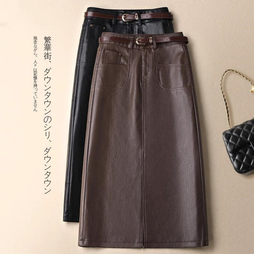 丁摩 中长款开叉半身皮裙女秋冬季新款高腰a字显瘦包臀一步直筒长裙子5ZF-8862 商品图0