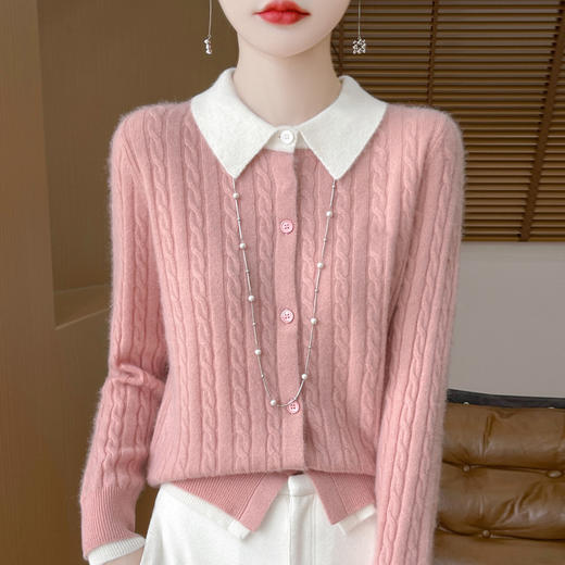 丁摩 撞色POLO领羊毛针织开衫女刺绣扭花宽松大码Polo领长袖毛衣外套5ZF-D409 商品图0