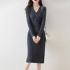 丁摩 半开V领纯羊毛连衣裙女秋冬新款中长款修身打底裙气质紧身羊毛裙5ZF-11227 商品缩略图3