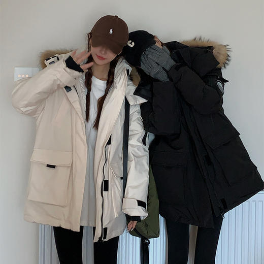 【女冬季加厚美式高级感棉衣中长款保暖外套】大毛领工装派克羽绒棉服 商品图2