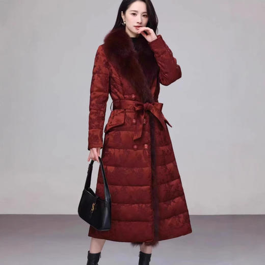 丁摩 大狐狸毛领加厚鹅绒服长款冬新款提花奢华潮版香云纱厚羽绒服5ZF-7099 商品图1