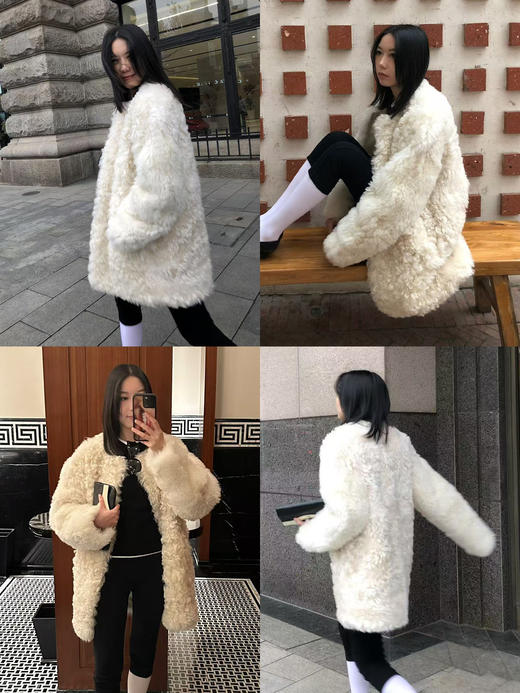 HIDEMI 节日系列进口羊羔毛小卷毛奶白色圆领大廓形皮毛一体中长款皮草大衣 商品图3