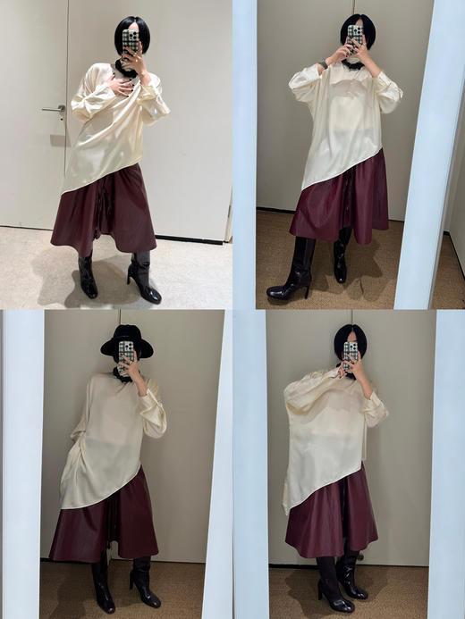 HIDEMI 【当当同款】节日系列进口特殊涂层环保蛋白皮设计感松紧腰抽身褶皱宽松男朋友中裤    勃艮第酒红/橄榄绿 商品图3