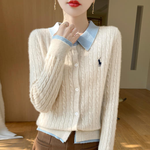 丁摩 撞色POLO领羊毛针织开衫女刺绣扭花宽松大码Polo领长袖毛衣外套5ZF-D409 商品图9