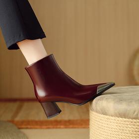 【预售5天】牛皮金属尖头粗跟时装靴，高跟鞋加绒显瘦时尚短靴DB&M6061