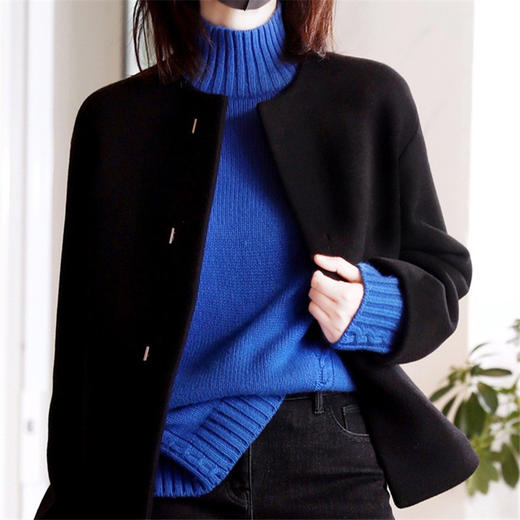 丁摩 新款半高领羊毛衫女加厚套头打底毛衣宽松扭花开叉休闲立领羊绒衫5ZF-11226 商品图1