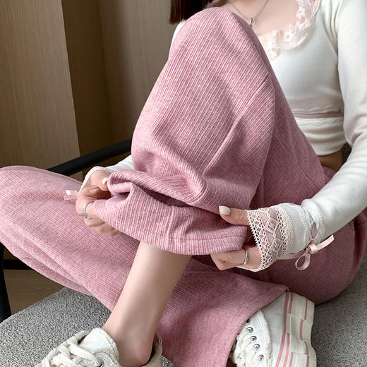 女秋冬高腰直筒拖地裤垂感 糯米裤加绒休闲裤 仿羊绒阔腿裤 商品图7