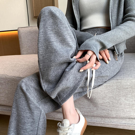 女秋冬高腰直筒拖地裤垂感 糯米裤加绒休闲裤 仿羊绒阔腿裤 商品图5