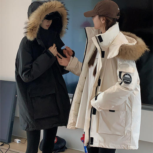 【女冬季加厚美式高级感棉衣中长款保暖外套】大毛领工装派克羽绒棉服 商品图1