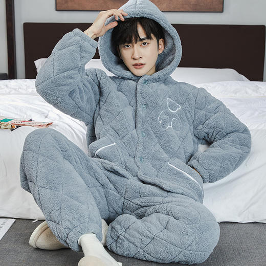 【比羽绒服还暖和】男士三层夹棉珊瑚绒睡衣  冬季可外穿加绒加厚保暖法兰绒家居服 商品图6