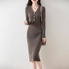 丁摩 半开V领纯羊毛连衣裙女秋冬新款中长款修身打底裙气质紧身羊毛裙5ZF-11227 商品缩略图0