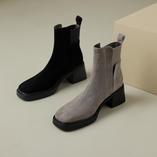丁摩 春秋里外全皮木纹粗跟方头后拉链短筒切尔西靴羊翻皮韩版复古中跟短靴5ZF-11228 商品图3