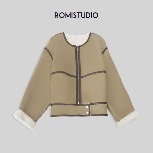 ROMI STUDIO【皮毛一ti】澳洲美丽nu 圆领宽松廓版皮衣外套W2262 商品图0