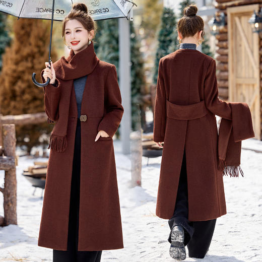 24年冬装新款舒适领型搭配可拆卸围脖适用不同场合毛呢大衣SNX3053 商品图1