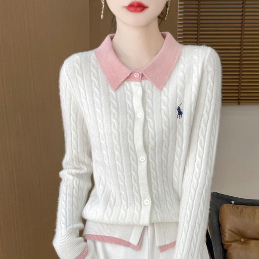 丁摩 撞色POLO领羊毛针织开衫女刺绣扭花宽松大码Polo领长袖毛衣外套5ZF-D409 商品图7