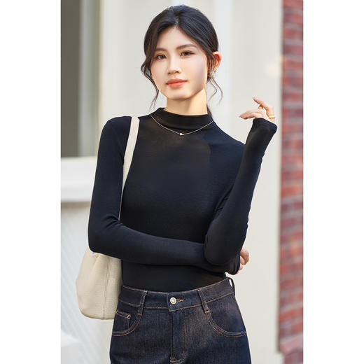 【含羊毛热能肌底衣】米思阳2025冬季新款简约高级感针织打底T恤羊毛混纺糯叽叽上衣女2100 商品图1