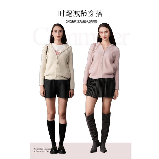 【两色可选】乔万尼冬新品绵羊毛开衫连帽休闲纯色减龄简约针织衫EI4M635 商品图3