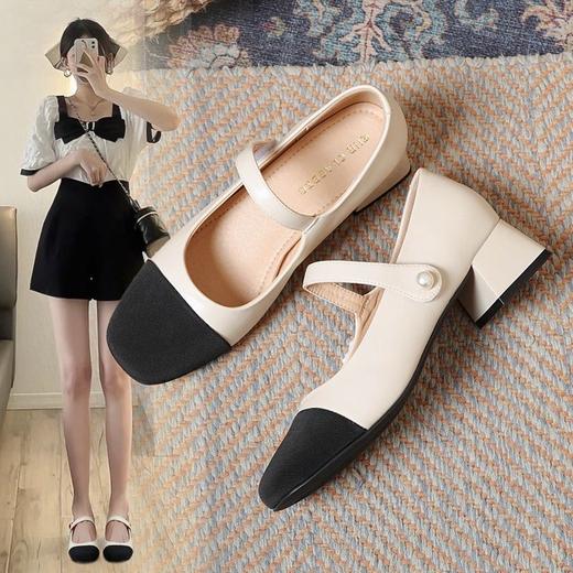 ZHR则则浅口单鞋女2024新款百搭女鞋透气方头小香风玛丽珍鞋粗跟 商品图0