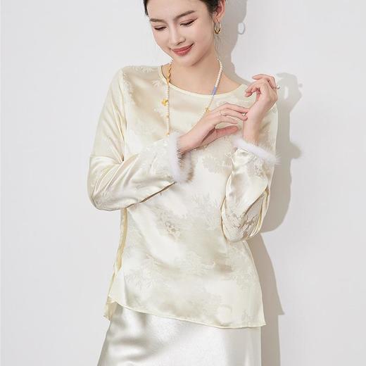 【高货wl】全新升级【铂金会员330/天猫439/差价109】(20535) 洛诗琳新中式国风拼水貂毛上衣2025春季新款真丝提花衬衫 商品图1