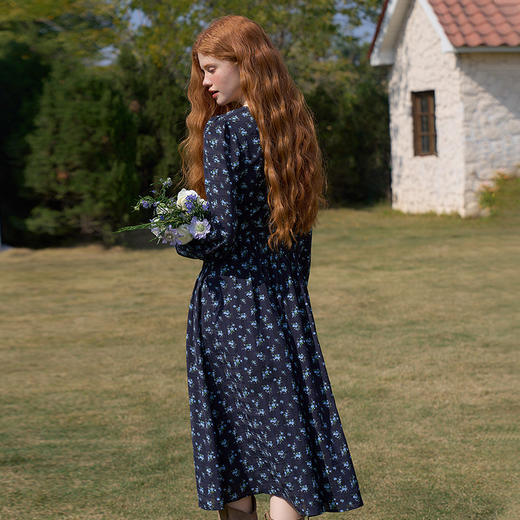 法式浪漫优雅复古圆领碎花裙女收腰长袖连衣裙V0450184 商品图4