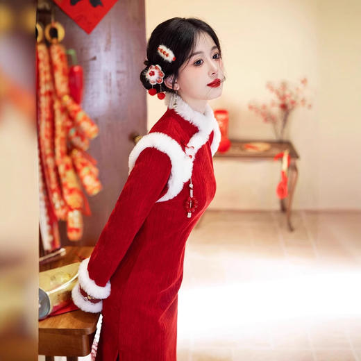 新中式雪尼尔加绒小香风旗袍QZJ991 商品图3