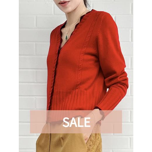 TYNVIE 波浪纹饰边撞色羊绒开衫-红色 商品图0