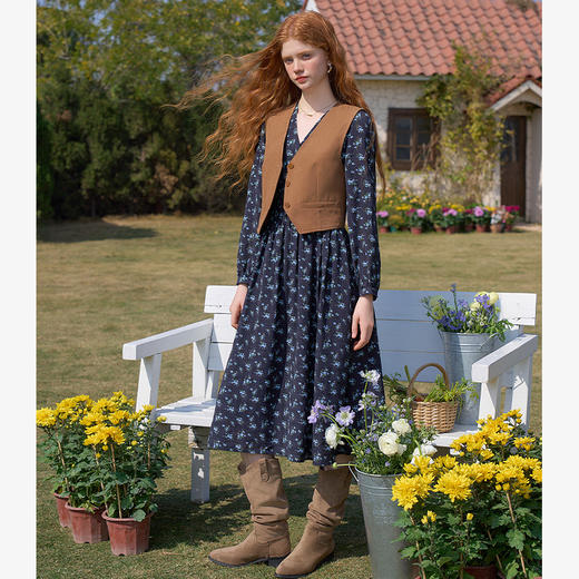 法式浪漫优雅复古圆领碎花裙女收腰长袖连衣裙V0450184 商品图1