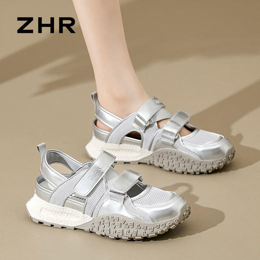 ZHR则则银色镂空包头运动凉鞋女2024夏季新款网面透气老爹鞋女鞋 商品图1