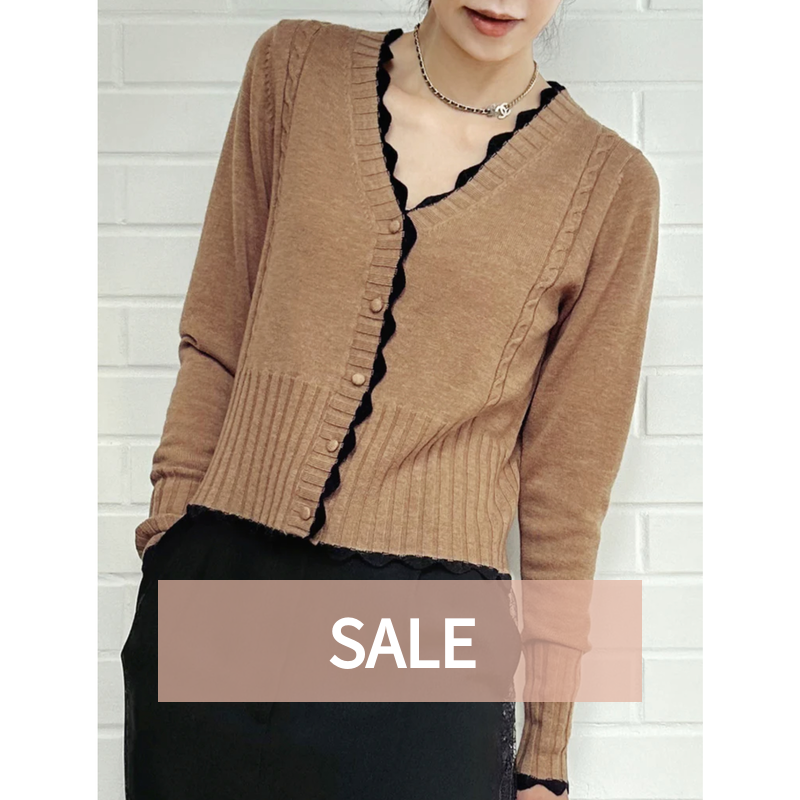 TYNVIE 波浪纹饰边撞色羊绒开衫-卡其色