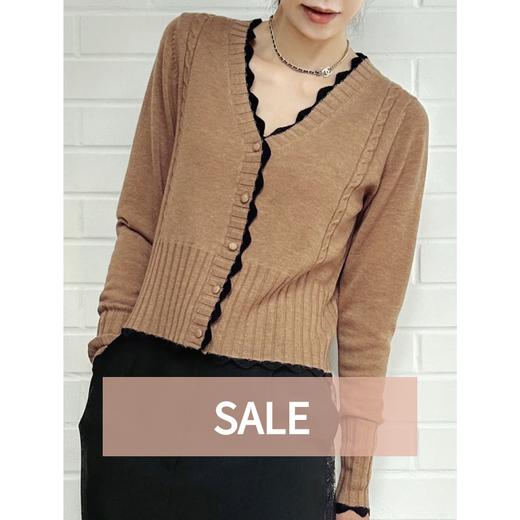 TYNVIE 波浪纹饰边撞色羊绒开衫-卡其色 商品图0