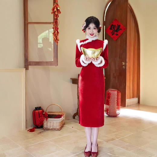 新中式雪尼尔加绒小香风旗袍QZJ991 商品图1