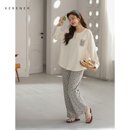 可人儿小众设计师新款奥力绵女士睡衣春秋圆领长袖可外出家居服 商品图2