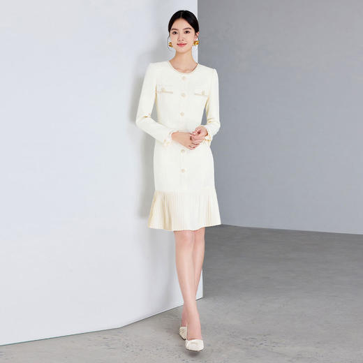 IWY/法式小香风连衣裙女新款米白色名媛范圆领长袖百褶裙子Q1234 商品图1