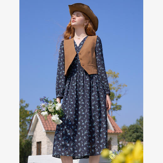 法式浪漫优雅复古圆领碎花裙女收腰长袖连衣裙V0450184 商品图3