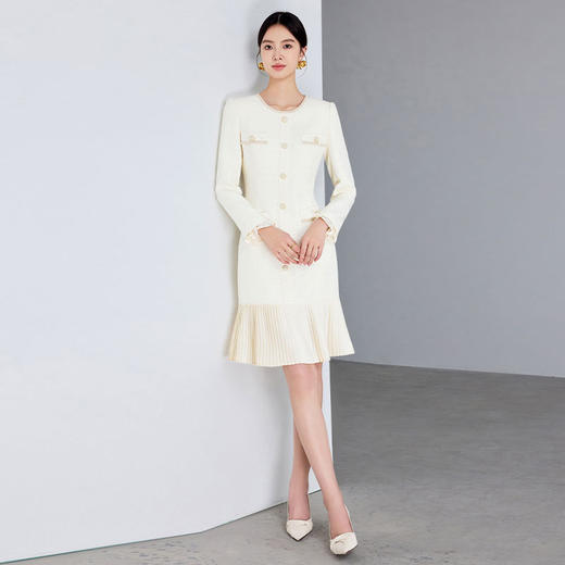 IWY/法式小香风连衣裙女新款米白色名媛范圆领长袖百褶裙子Q1234 商品图3