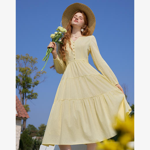 法式浪漫气质温柔蝴蝶结收腰长袖连衣裙女2025蛋糕裙V0450189 商品图3