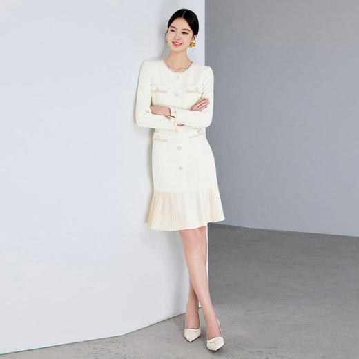 IWY/法式小香风连衣裙女新款米白色名媛范圆领长袖百褶裙子Q1234 商品图2