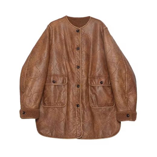 半圆/D22303403/两面穿加绒加厚中长款皮质外套 商品图3