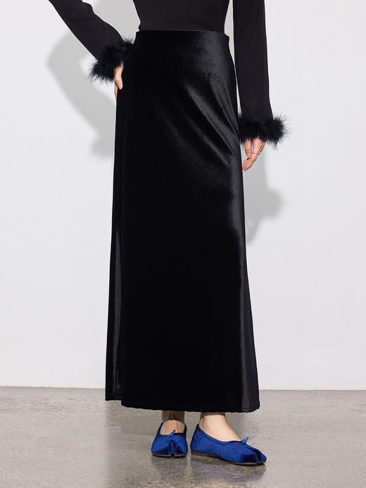 丁摩 春秋新款松紧高腰丝绒半身裙复古修身a字长裙女5ZF-670 商品图4