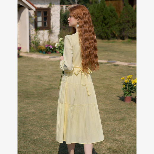 法式浪漫气质温柔蝴蝶结收腰长袖连衣裙女2025蛋糕裙V0450189 商品图4