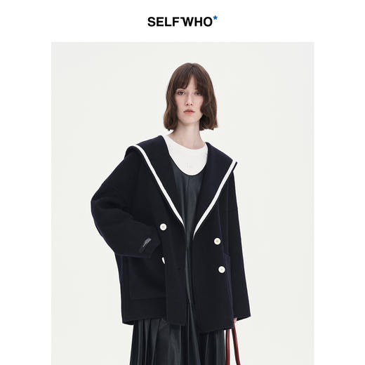 SELFWHO绵羊毛驼绒混纺海军领藏青色外套女2025春季撞色宽松大衣 商品图1